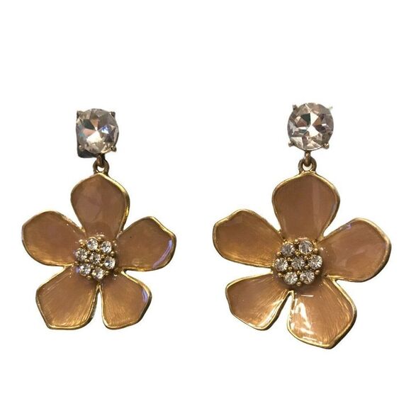 Beige Flower Clear Rhinestones Pierced Earrings - Picture 1 of 4